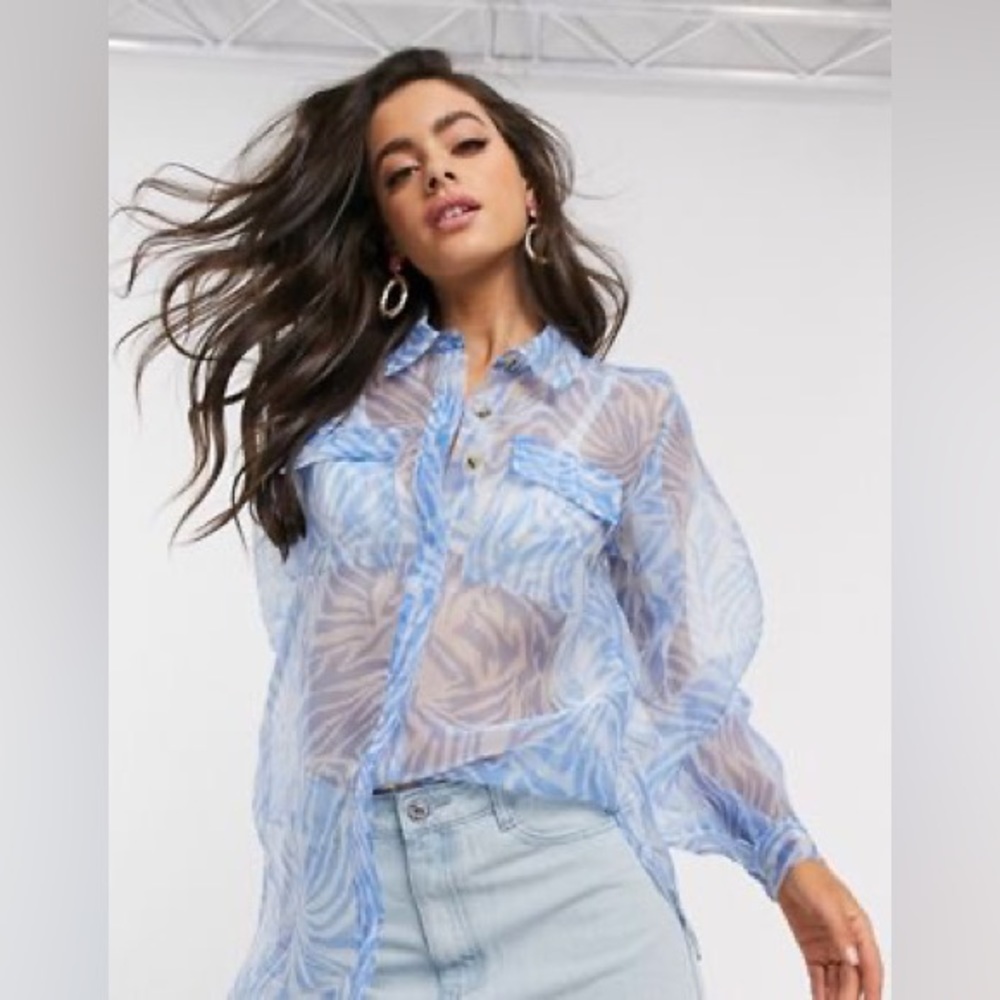 NWT Unique21 oversized organza shirt in blue print Size 10